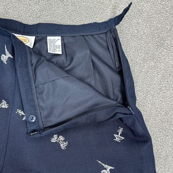 Talbots Irish Linen Paris Embroidered Trouser Pants Blue 6 Eiffel Tower - Picture 6 of 14